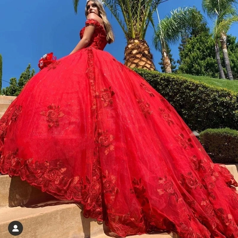 

Puffy Red Quinceanera Dresses Lace Appliques Off Shoulder Beaded Sweet 16 Dress Pageant Gowns Vestidos De 15 Anos