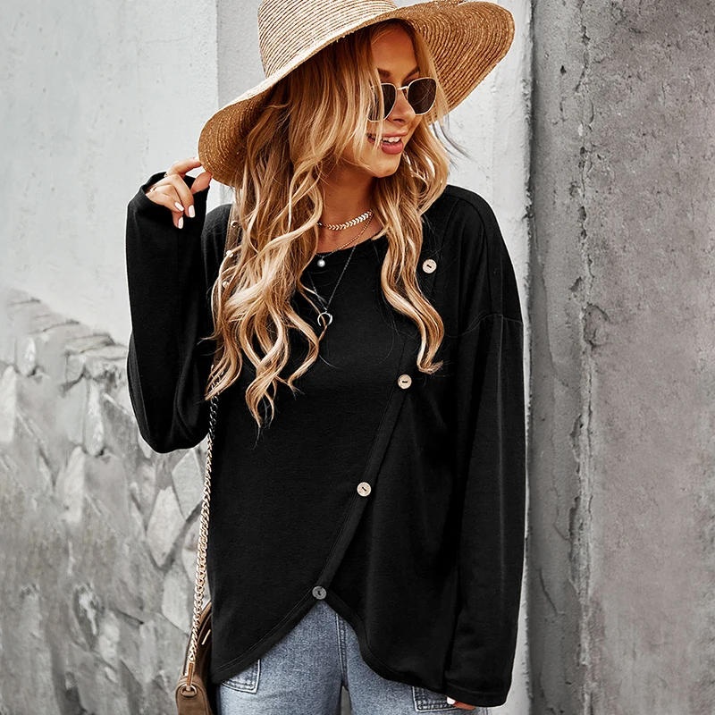 

Round Neck Long Sleeves T-Shirt Solid Color Loose Irregular Pullover Top Loose Oversize Irregular Pullover Tunic Ladies 2021