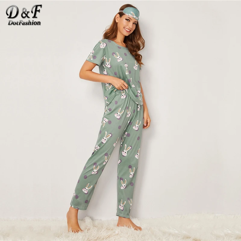 Dotfashion/пижамный комплект с мультяшным принтом; осень г.; Повседневный Топ с коротким рукавом; пижамный комплект; женская домашняя одежда в горошек