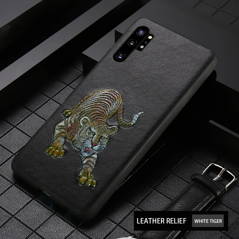 tiger Чехол для телефона из натуральной кожи для samsung note 10 plus 10+ 3D рельефный нескользящий противоударный чехол для Galaxy note 10 plus - Цвет: tiger