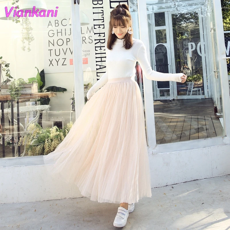 

Pure Color Four Seasons Pleated Fairy Bust Mesh Skirt 2021 High Waist Slim Slim All-match Mid-length A-line Large-length Skirts