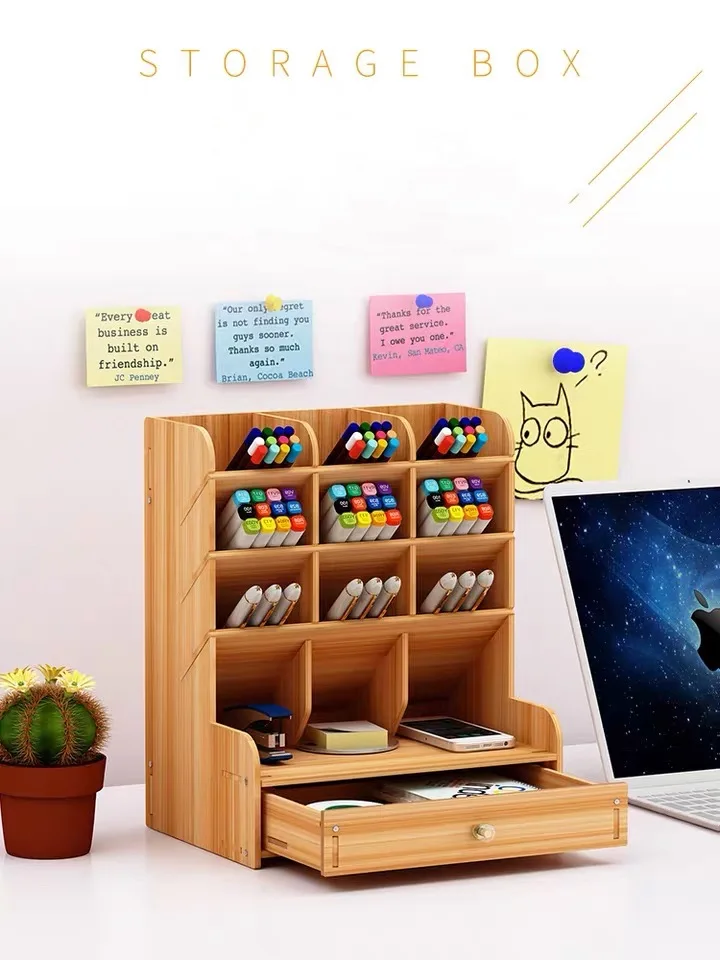 

Large Space Wooden Desk Organizer Multifunctional DIY Pen Holder Desktop Stationary Box Home School Office Supplies Storage Rack