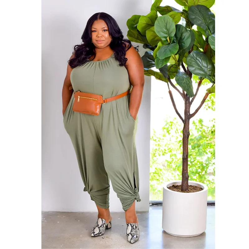 

2021 summer new style European and American large size jumpsuit casual round neck loose high waist solid color jumpsuit women