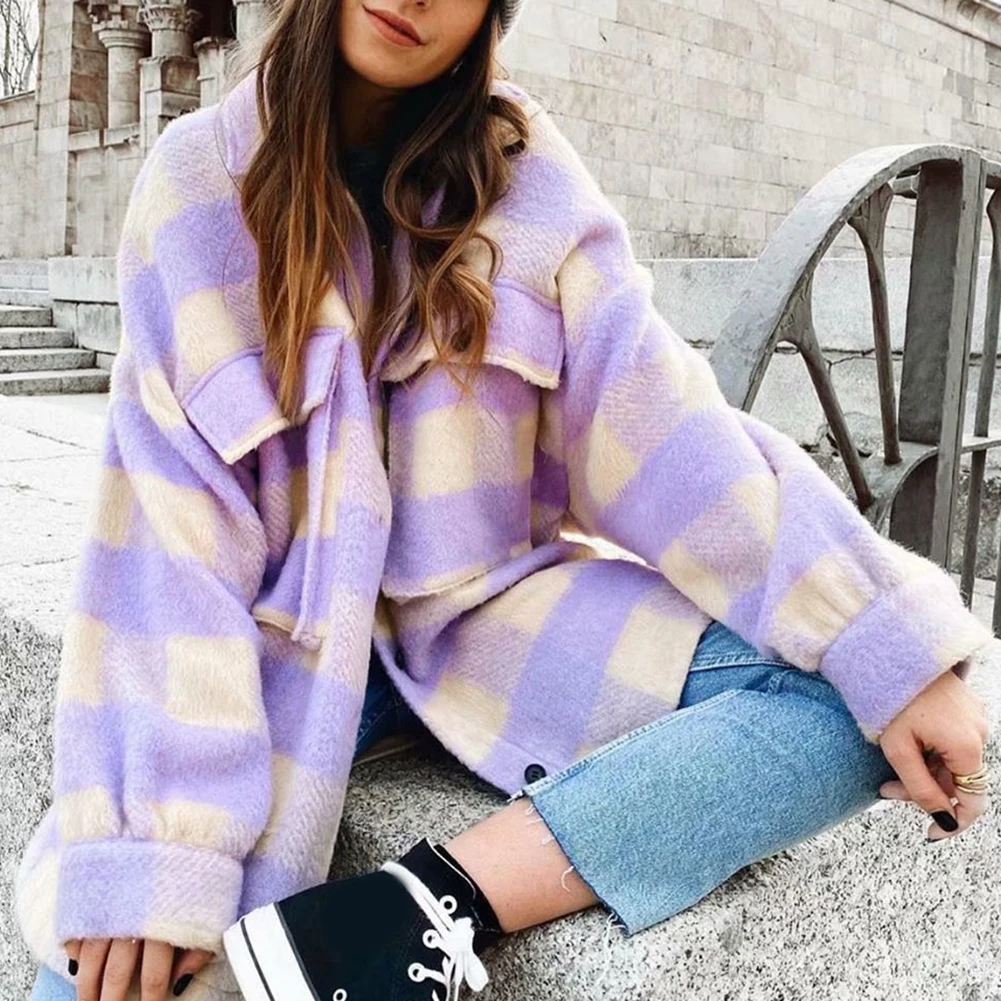 

Elegant Sweet Plaid Woolen Shirt Jackets Women Autumn Winter Pockets Turn-down Collar Warm Long Coat Vintage Outerwear Chic Tops