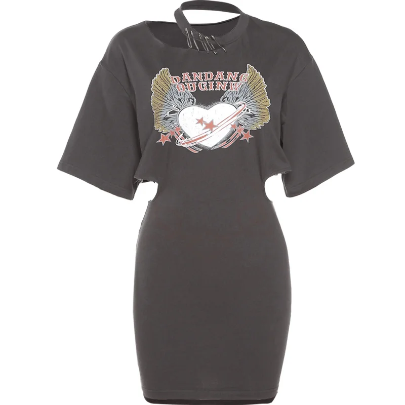 

WOMENGAGA Summer Hot Sexy Show Waist T Shirt Mini Dress Brooch Irregular Neck Print Kawaii Cartoons Women Korean Dresses 92J1