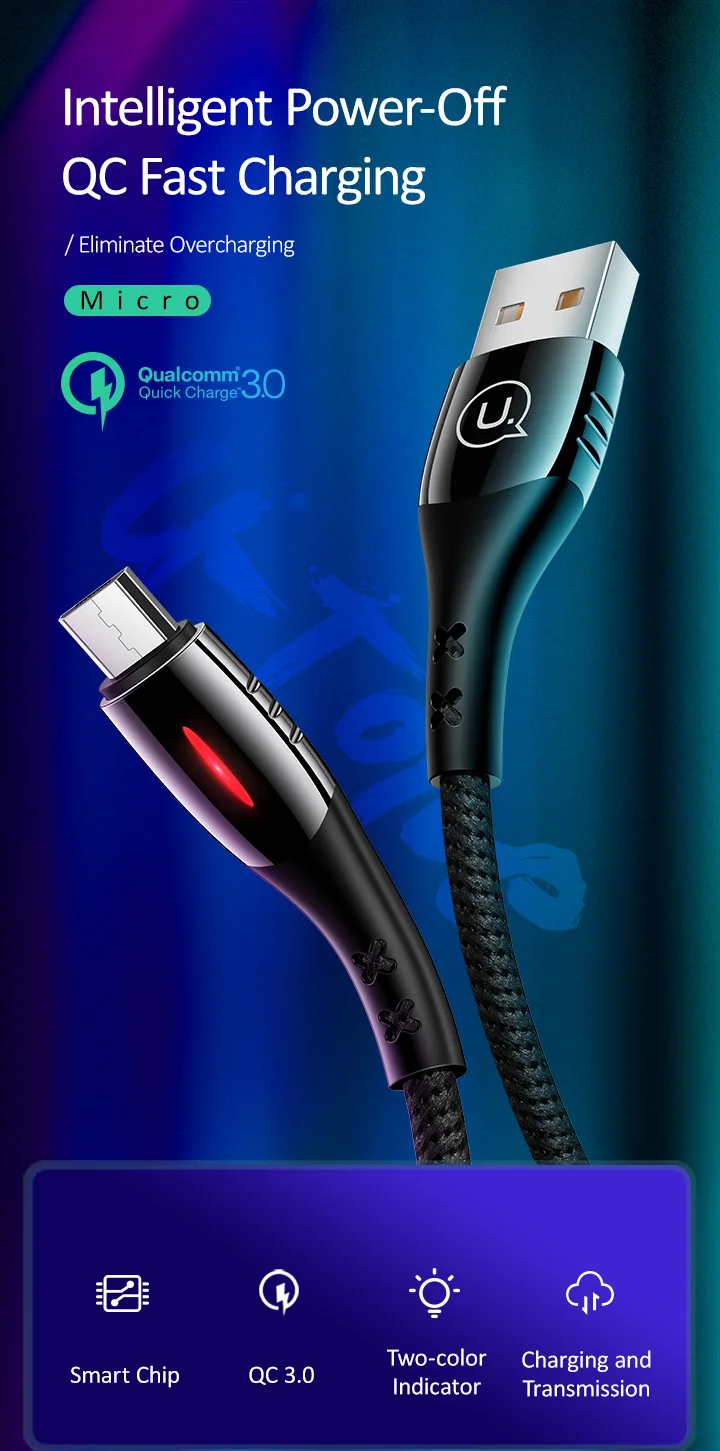 USAMS кабель Micro USB Smart power off Micro USB 3,0 светодиодный кабель QC 3,0 кабель для быстрой зарядки для Android Xiaomi huawei кабель Microusb
