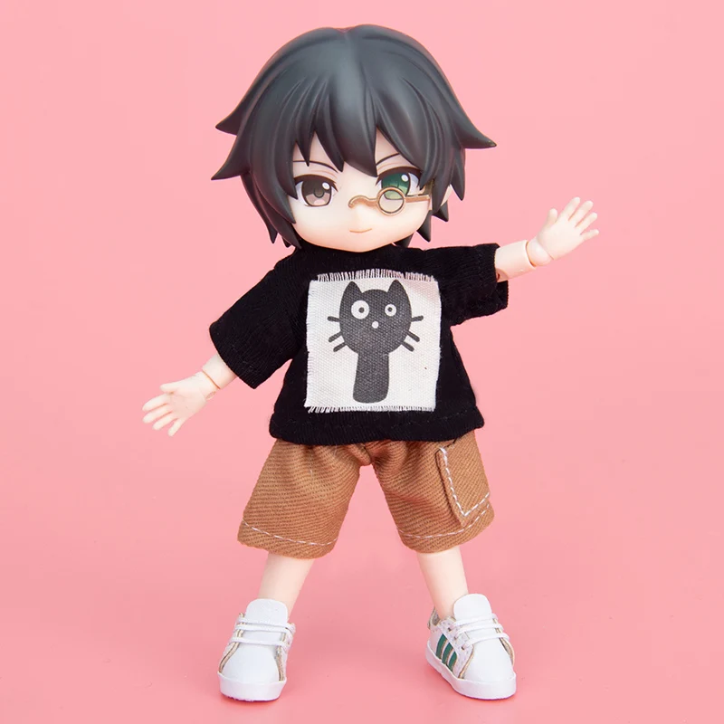 

Ob11 Детская футболка с котом, брюки-карго, комплект, однотонное Детское пальто Молли BJD 1/12, Одежда для кукол, костюм, рубашка + брюки
