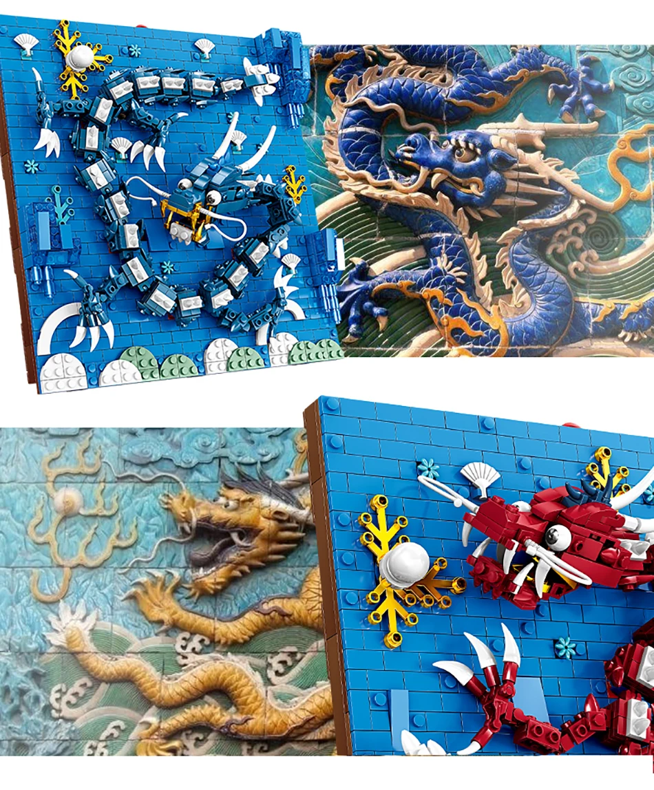 

9 Colors Chinese Traditional Architecture Nine Dragon Wall Building Block Set DIY Home Decor Bricks Kids Toys with Stand Hook