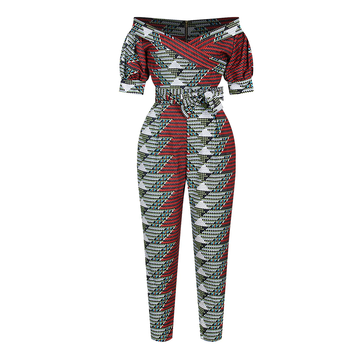 

Popular African Printed Off Shoulder Rompers Womens Jumpsuit With Belt Pocket Good Quality Women Jumpsuit