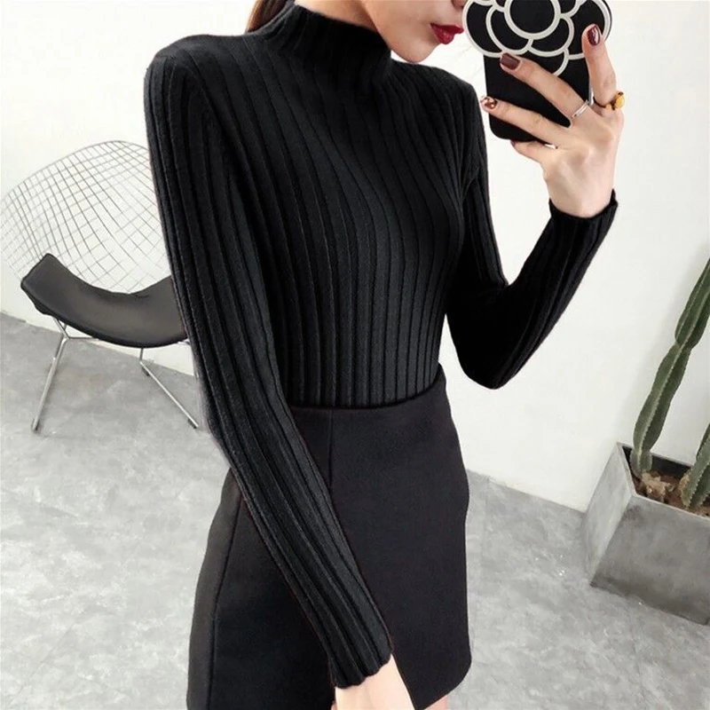 

2019 Turtleneck Women Knitted Sweater Spring Autumn Solid Slim Warm Pullover Female Long Sleeve Cotton Sweaters