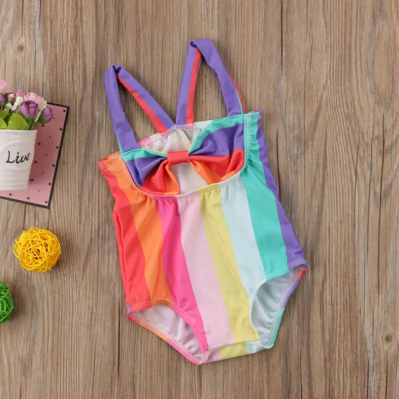 

0-5Y Swimwear Baby Kids Cute Bikinis Girls One Piece swimsuit Rainbow Halter Bowknot High waist Holes Beachwear Bathing Suit