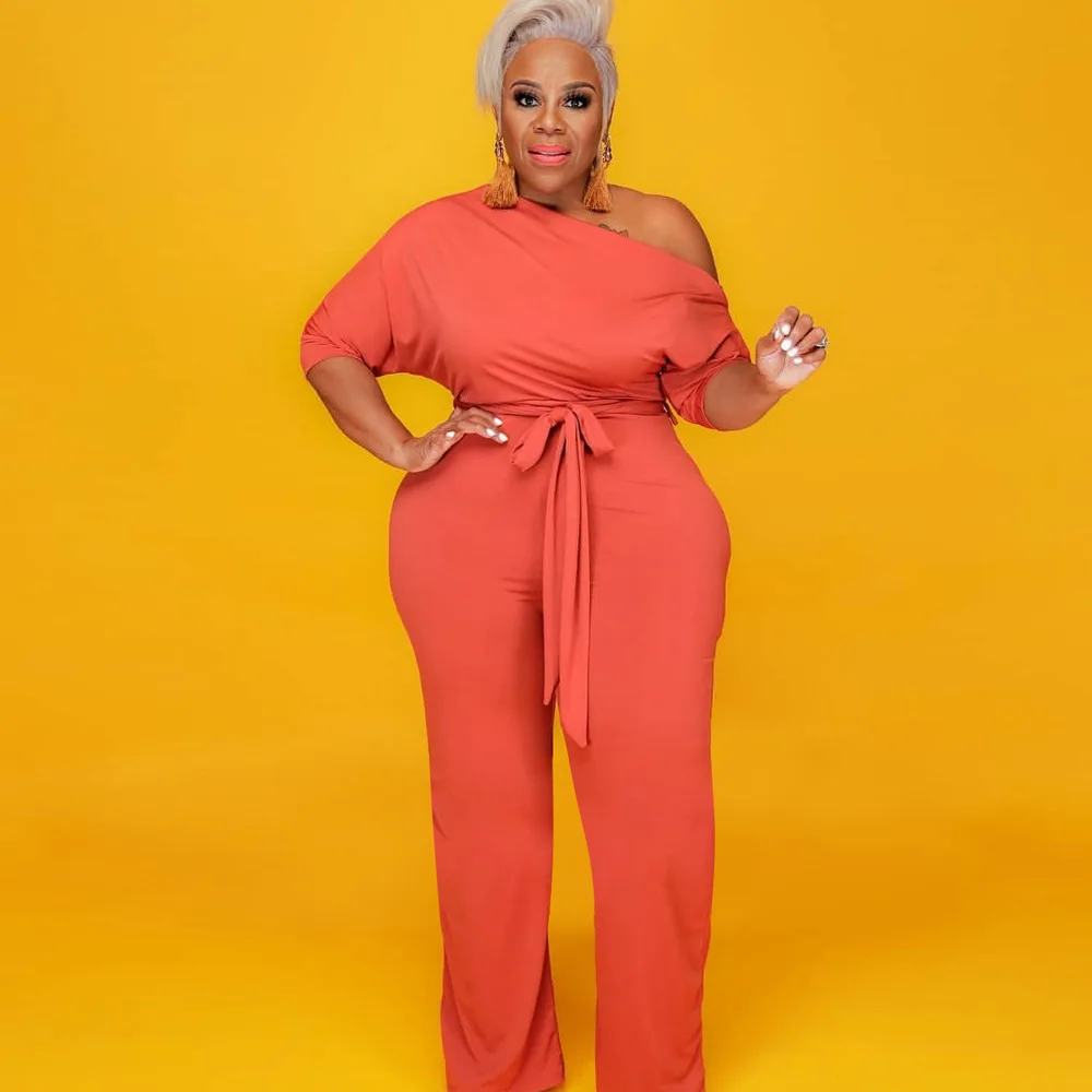 

Cutubly Solid Slash Neck Sexy Jumpsuit Autumn Plus Size S-5XL Jumpsuits For Women One Shoulder Sashes Lace-Up Loose Rompers
