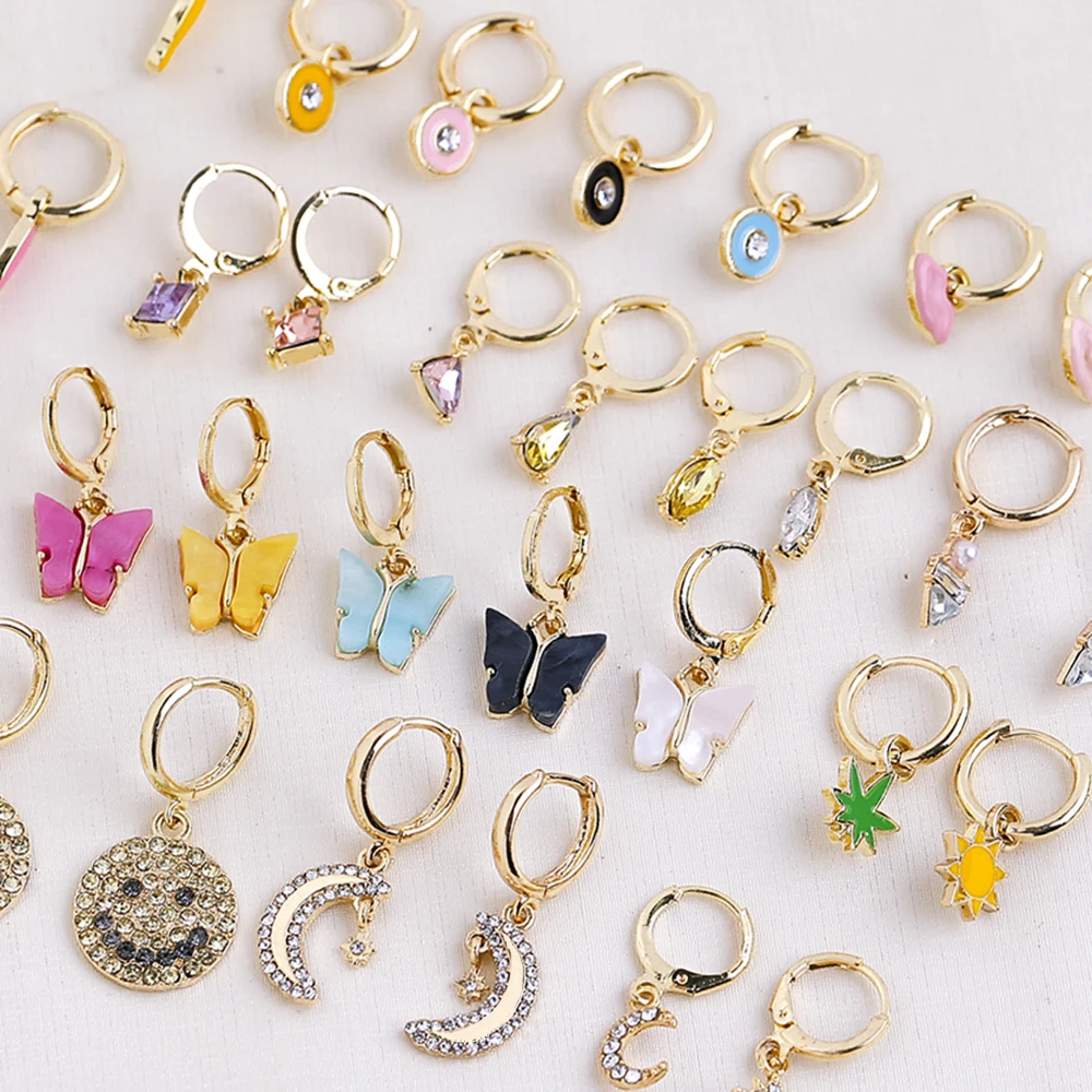 Lost Lady Geometric Rhinestone Crystal Pendant Hoop Earrings for Women Gold Color Ear Huggies jewelry Wholesale Girls Party Gift