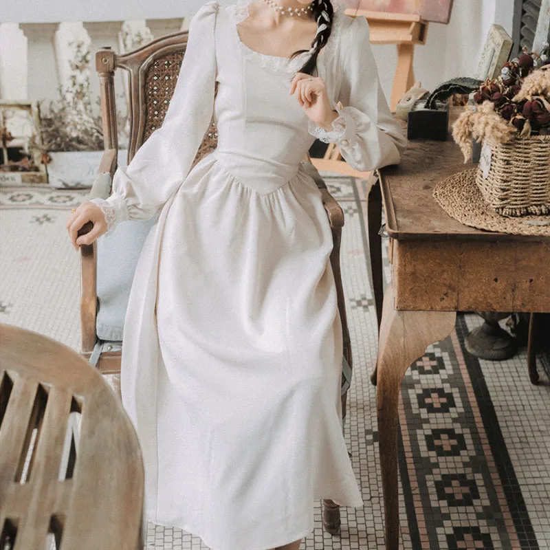 

One-Piece 2020 Autumn Spring Women Dress Square Collar Vintage Party Dress Long Sleeve Long Dress Vestido Elegant Matbe Dresses