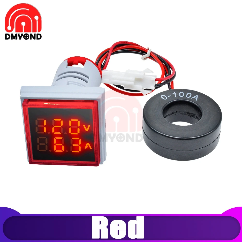 Voltammeter Red 22 мм квадратный светодиодный цифровой амперметр переменного тока 0A-100A 50 в-500 В Ампер Вольт измеритель напряжения вольтамметр индикатор пилотный светильник - Цвет: Voltammeter Red
