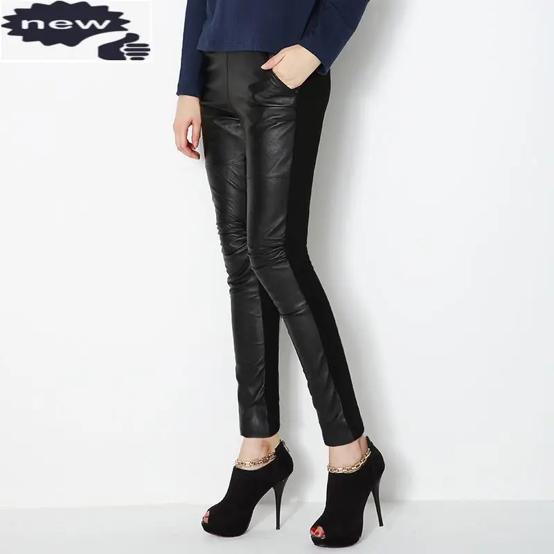 New Brand European Genuine Leather Female Trousers Plus Size Elastic Sheepskin Slim Fit Women Black Casual Long Pants