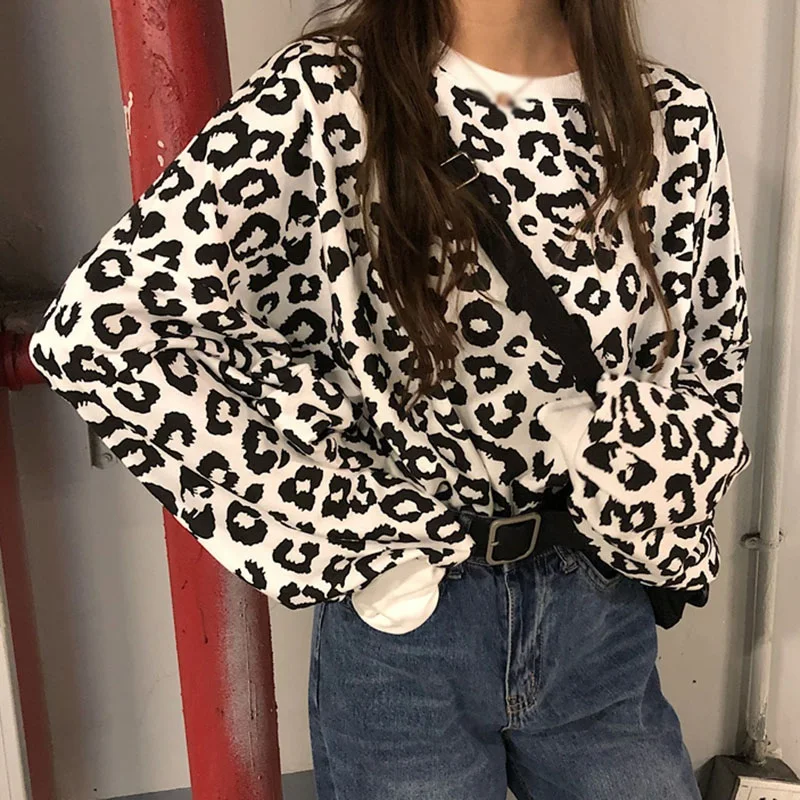 

2020 Autumn Round Neck European And American Leopard Print Sweater Women Loose Korean Style All-match Casual Long-sleeved Top