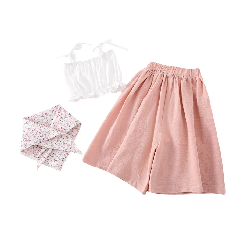 

Комплект летней одежды из 3 предметов для девочек, WLG однотонный жилет на бретелях для малышей свободные штаны и шарф, комплект детской повсе...