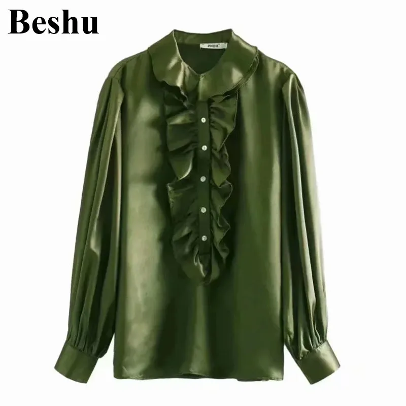 Za 2019 модная Блуза женская зеленая каскадная атласная винтажная рубашка Топы