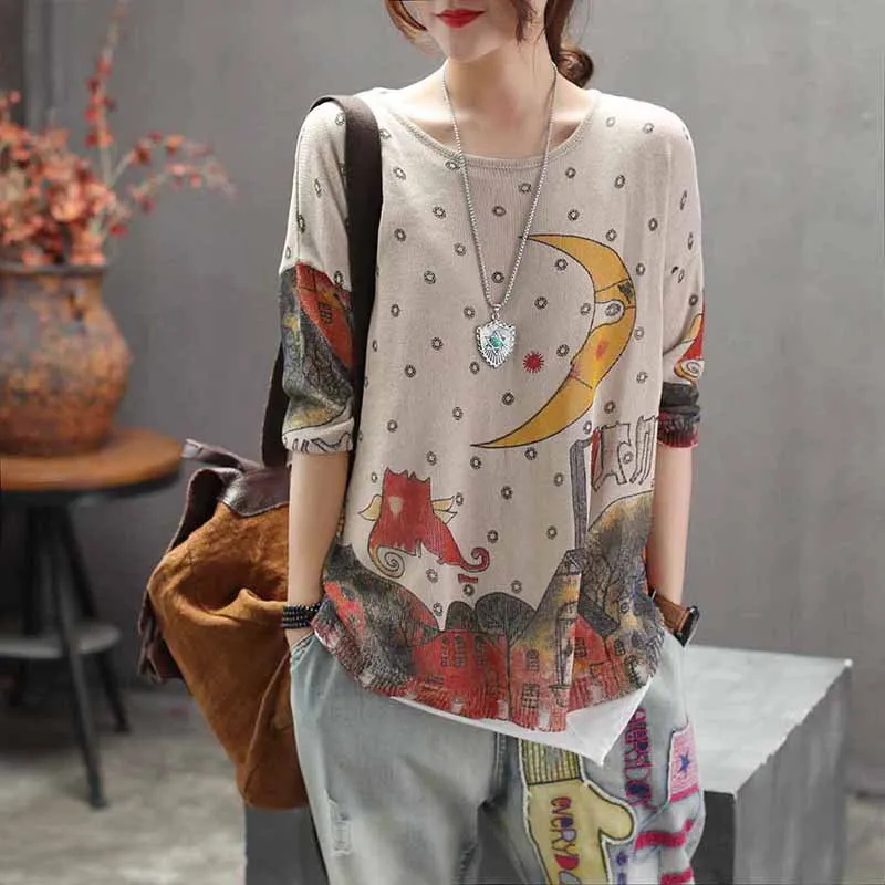Весна и осень Новый рукав женский свитер мультфильм печати вязать хлопок лен