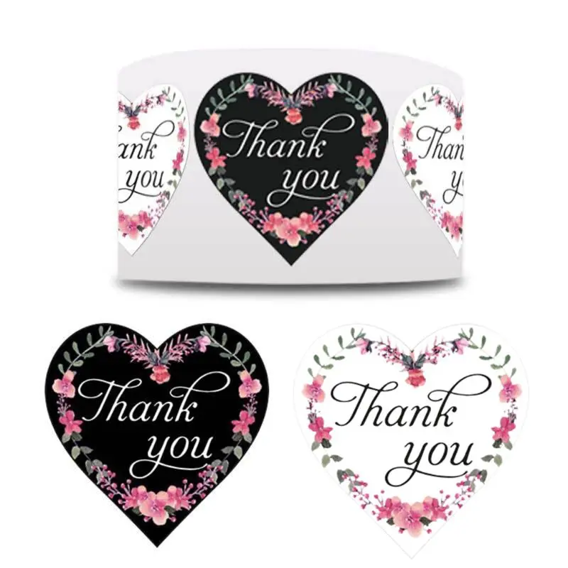 

500pcs Floral Thank You Stickers Heart Shaped Seal for Small Shop Wedding Baking