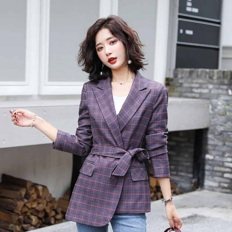 Женский Повседневный блейзер в клетку модный тонкий фиолетовый клетчатый костюм