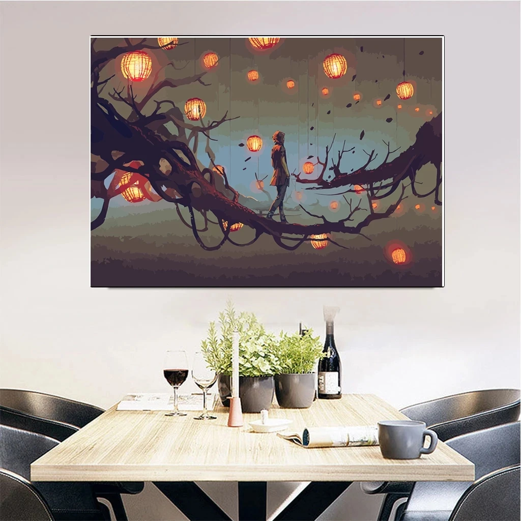 

Red Lantern Hang On Dead Branches and Cartoon Character Sofa Bedroom Background Wall Decoration Canvas Painting and Print Poster