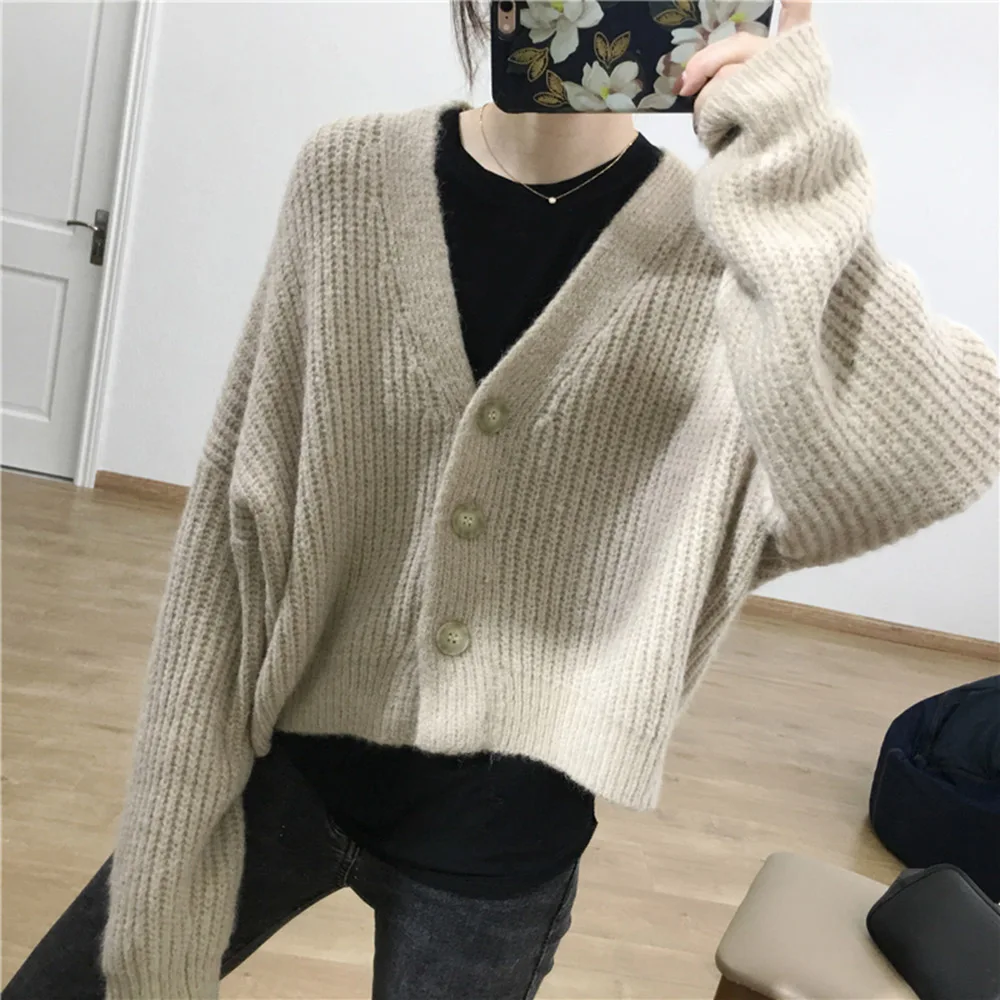 

Korean Fashion Womens Sweater 2021 Autumn Winter New Solid Color V-neck Single Breasted Long Sleeve Loose Casual Womens