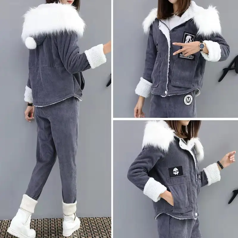 

Winter Thick Plus Lambswool 2 Piece Suit Women Corduroy Casual Hooded Fur Collar Coat + Letter Patch Trouser Soft Warm Set 2021