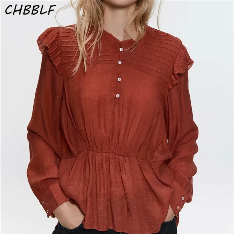 

CHBBLF women stylish sweet solid blouse stand collar long sleeve ruffles cascading folds female casual pullovers shirt XDL2400