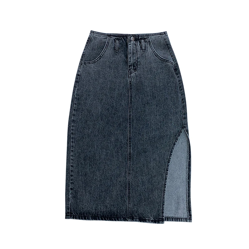 

2021 Spring Summer Women Denim Long Skirt High Waist Solid Color Sexy Split Casual Jean Skirts Loose Ladies Vintage Skirt