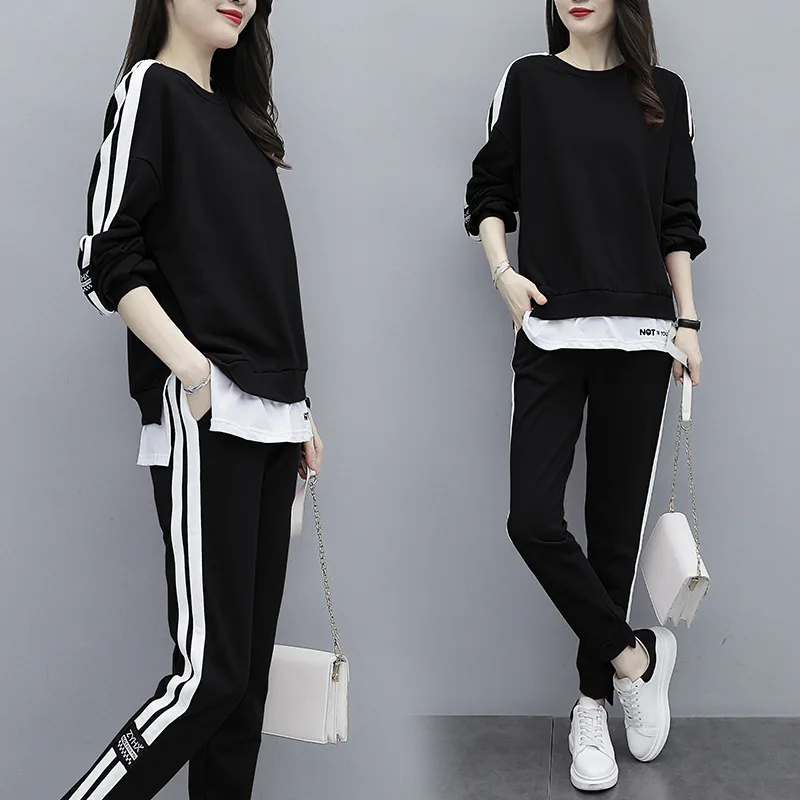 

2021 new women's autumn large size micro fat loose round neck striped fashion casual sports suit women