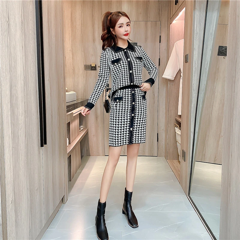 Women'S Fashion Houndstooth Knit Setup Winter Sweater Clothes With High Waist Skirt Autumn OL Two-Piece Korean Party Dress Sets |