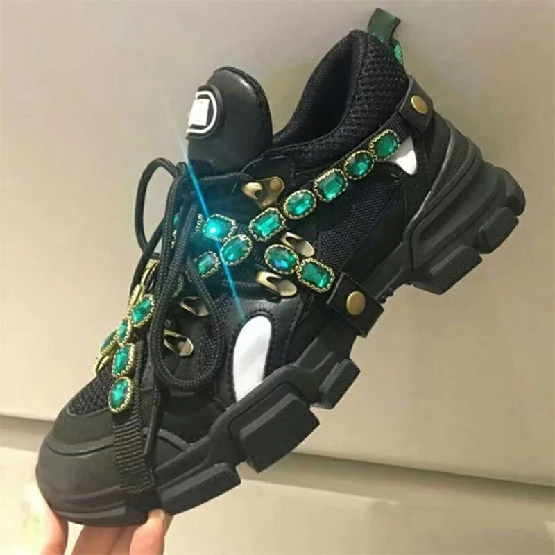 

Rhinestone Chains Air Mesh Women Casual Shoes Round Toe Lace Up Runaway Outwear Black White Wedges Leisure Jewel Shoes Woman