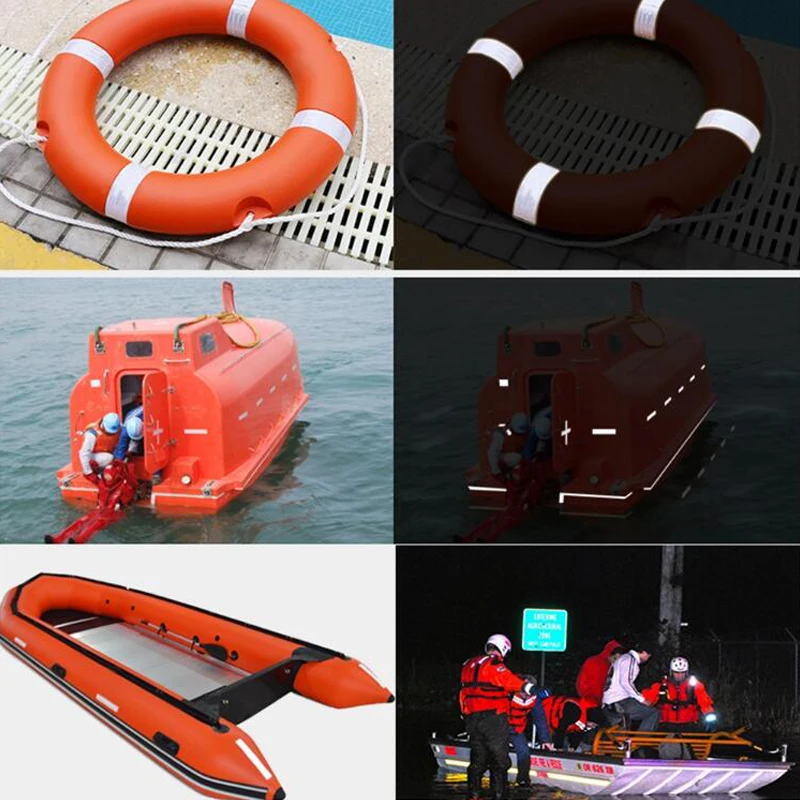 

High intensity reflective SOLAS tape 5 cm wide is used for Marine emergency sewn with white stickers on life rings or clothes