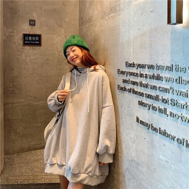 

2020 New Female Fashion Basic Korean Hoodies for Women Winter Warm Hooded Solid Colour Casual Loose Full Sleeve Sweatshirt E250