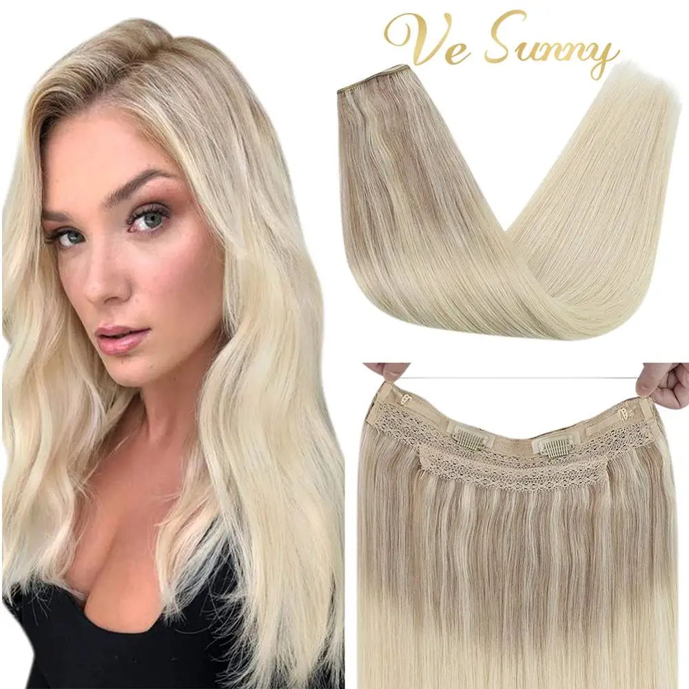

VeSunny Adjustable Invisible Wire Halo Hair Extensions Real Human Hair with 2 Clips Remy Double Weft Blonde Color #Nordic