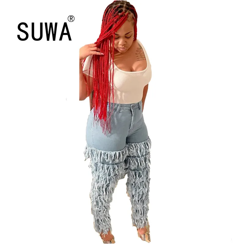 

Sky Blue Tassel Denim Patchwork High Waist Classic Pencil Pants Trousers Women Vintage Casual Fashion Autumn Winter Jeans