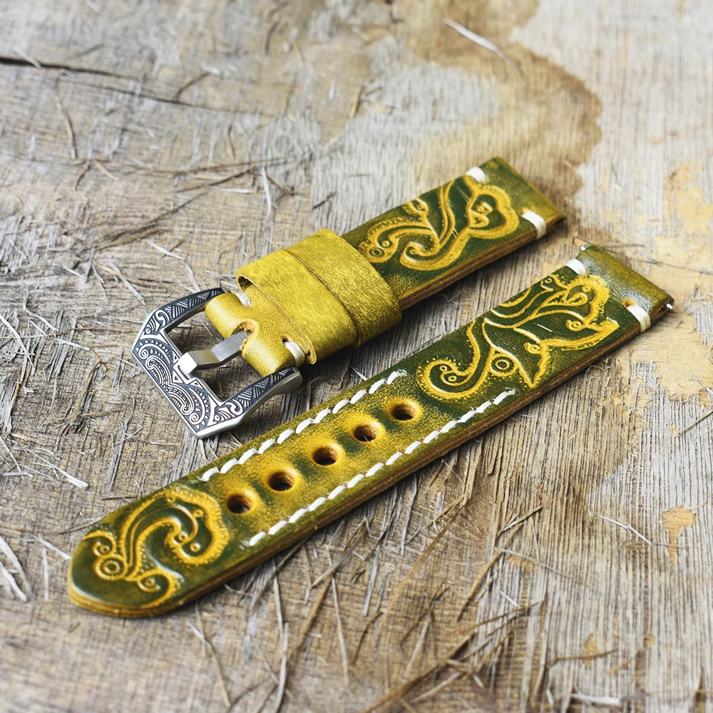 Vintage Watch Strap Carved Embossed Watch Band Handmade Watchband 22mm Carved Buckle Engraved Clasp for Watch Accessories