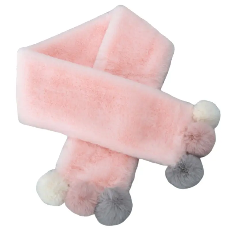 

82x11cm Child Girls Boys Winter Thicken Plush Cross Loophole Collar Scarf with Cute Pompom Balls Kids Windproof Neck Warmer 2XPC