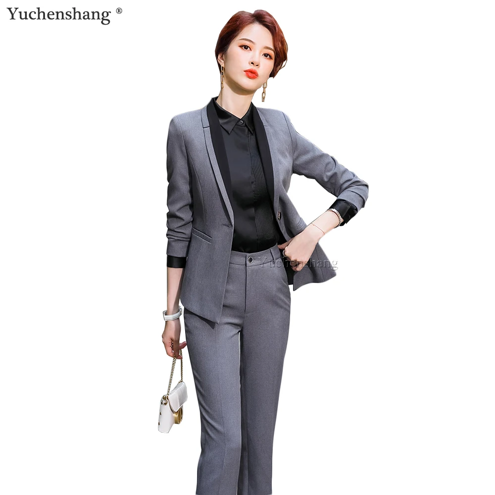 

Women Formal Pant Suit Gray Black red Solid Slim One Button V-Neck 2 Piece Set Blazer New Jacket and Full Length Trousers