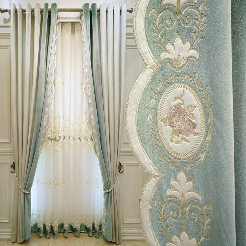 

European Style Curtains for Dining Room Bedroom Embroidery Fabric Splicing Curtains Luxury Living Room Tulle Curtains