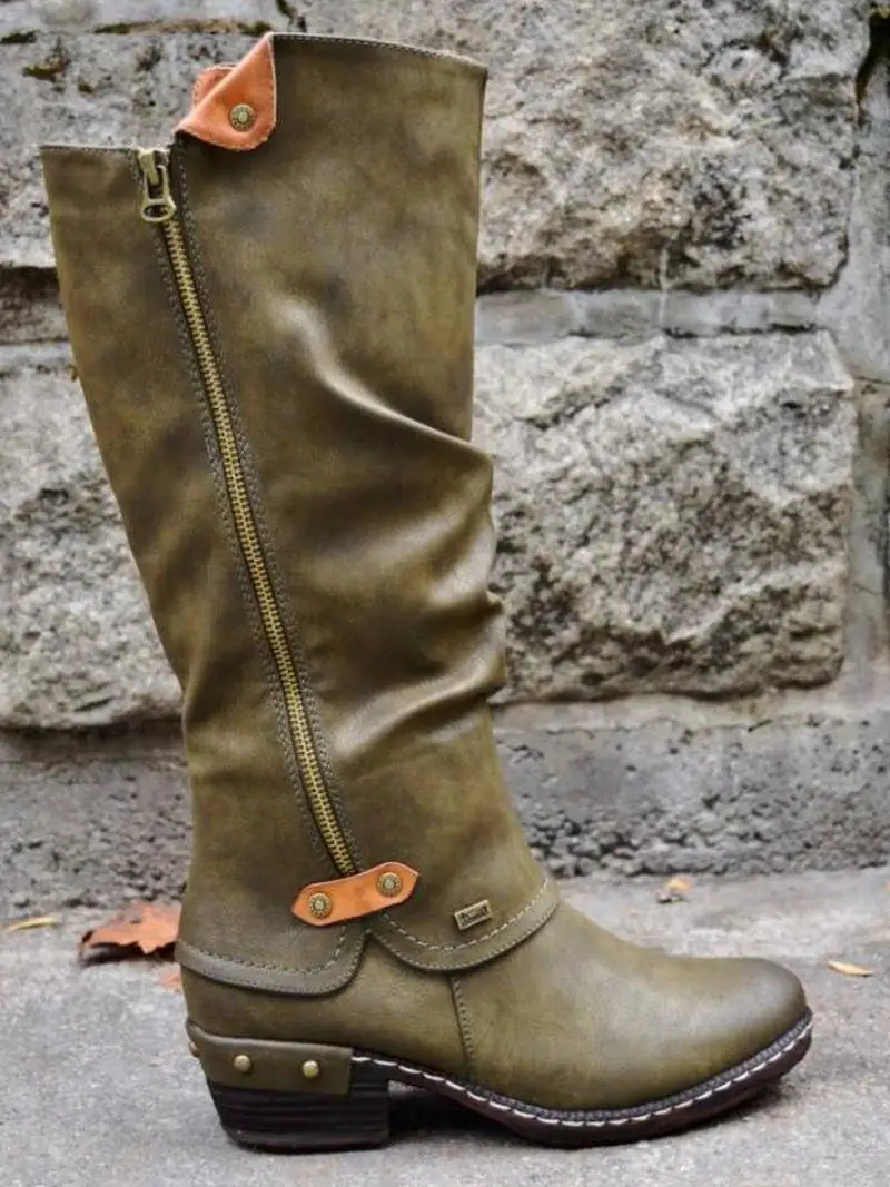 Женские сапоги до колена на низком каблуке с круглым носком|Сапоги колена| |