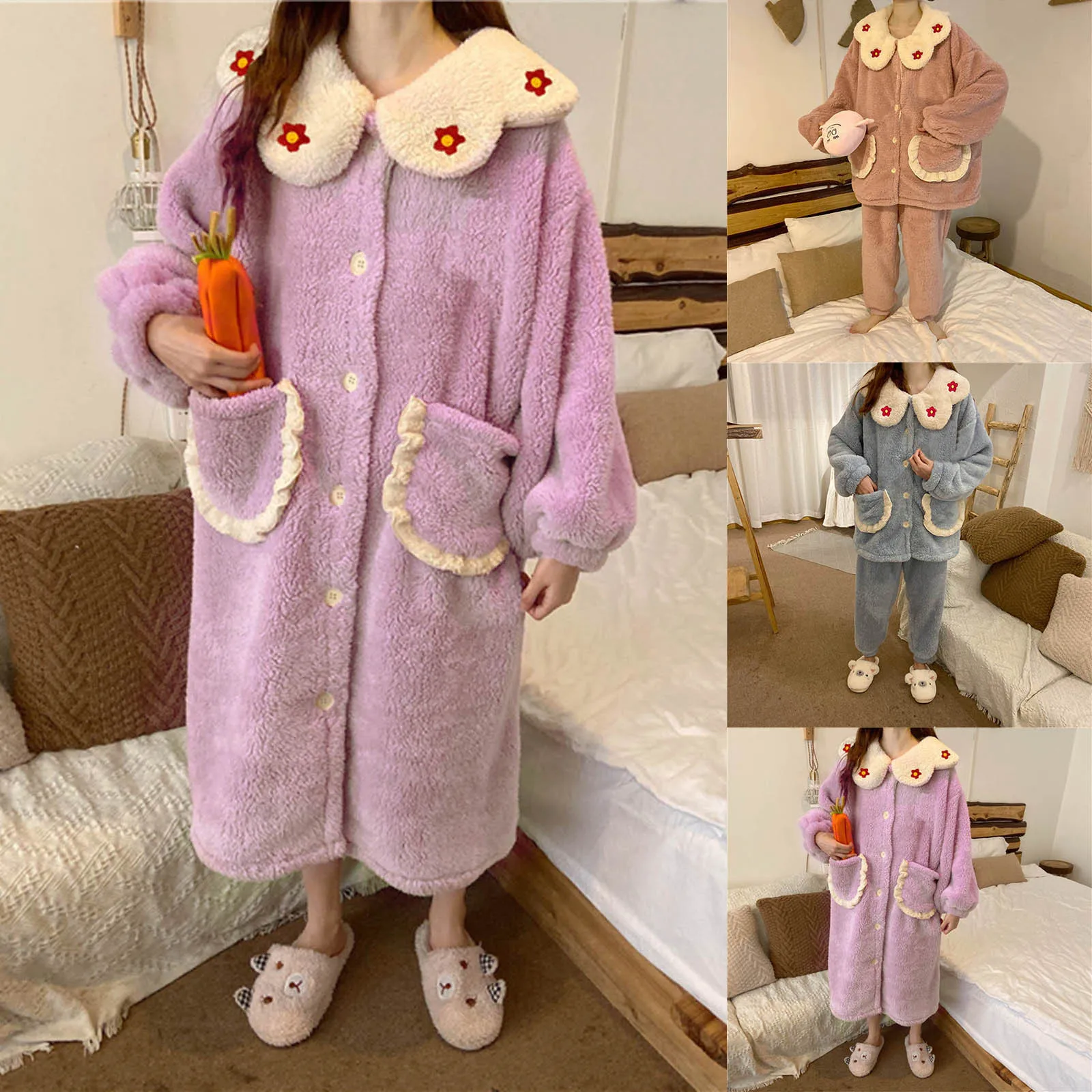 

For Women Pajamas Robes Women Loose Pockets Hairy Wearing Home Clothes And Pajama Suit Night Dress Women Bathrobes