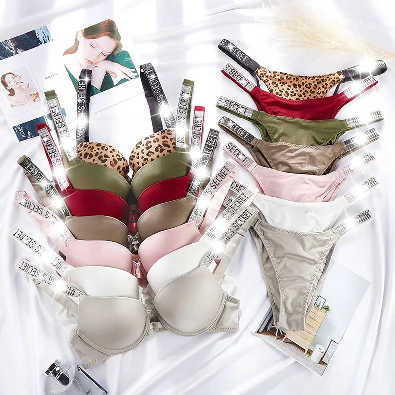 

Sexy Bras Letter Rhinestone Women Underwear Pink Push Up Bra Set Panty Luxury Bikini Thong Lingerie Bralette Wire Adjusted Sets