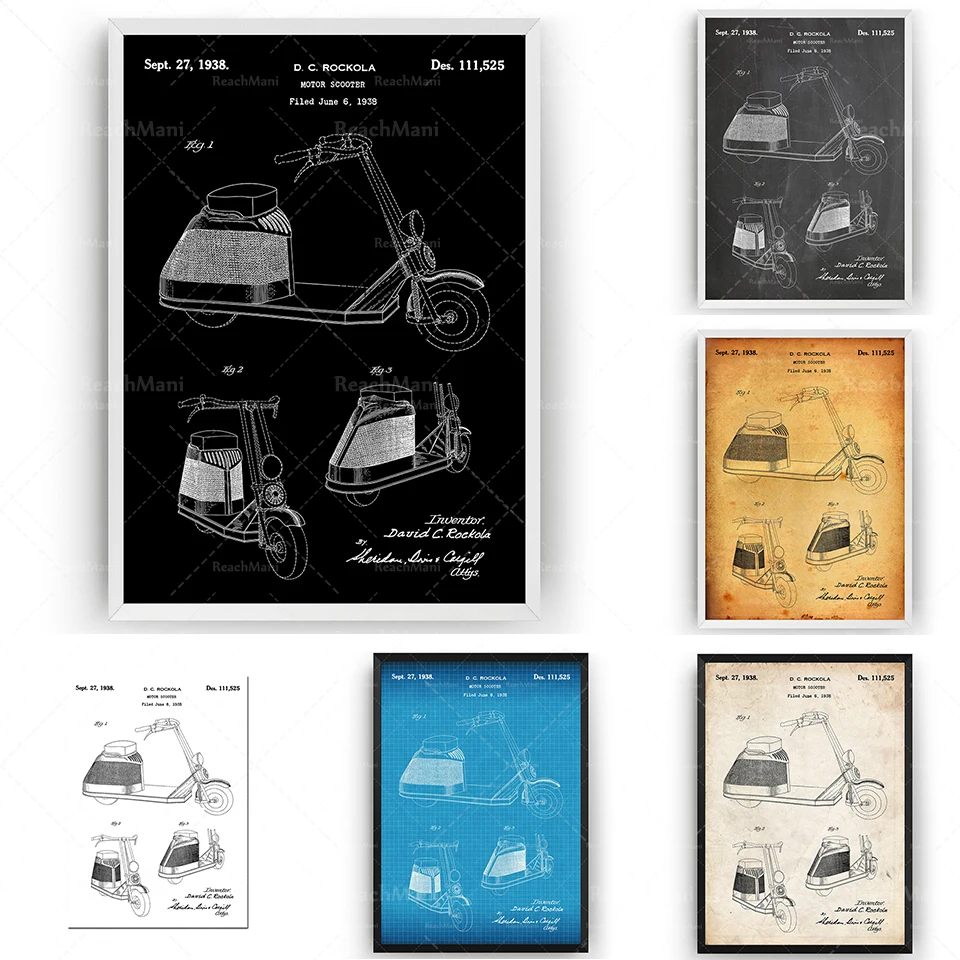 

Scooter 1938 Patent Printed Wall Art Poster Lightweight Blueprint Poster