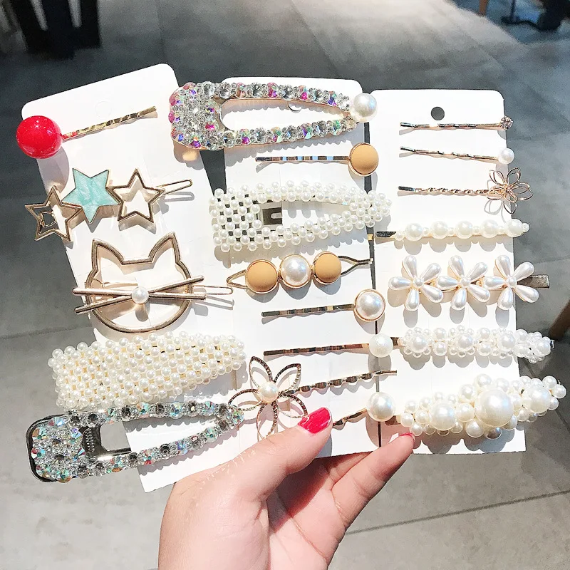 

Trendy Pearl Hair Clips For Women Handmade Geometric Hair Barrette Triangle Square Hairpins Snap Hair Styling Accessories