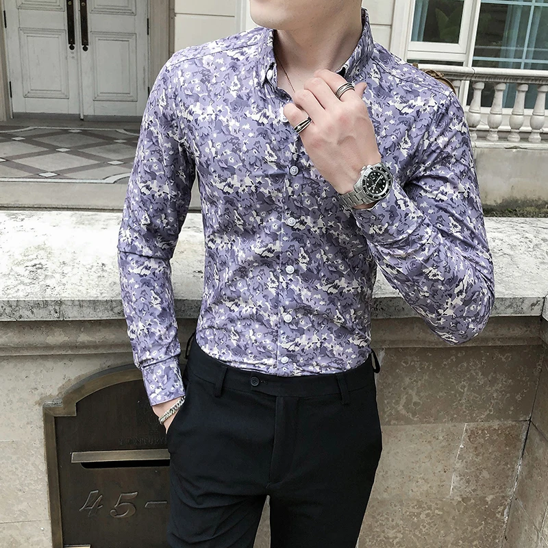 

British Style Men Spring Shirts Long Sleeve Fashion 2021 Simple Tuxedo Dress Night Club Streetwear Blouse Homme Black/Gray 3XL-M