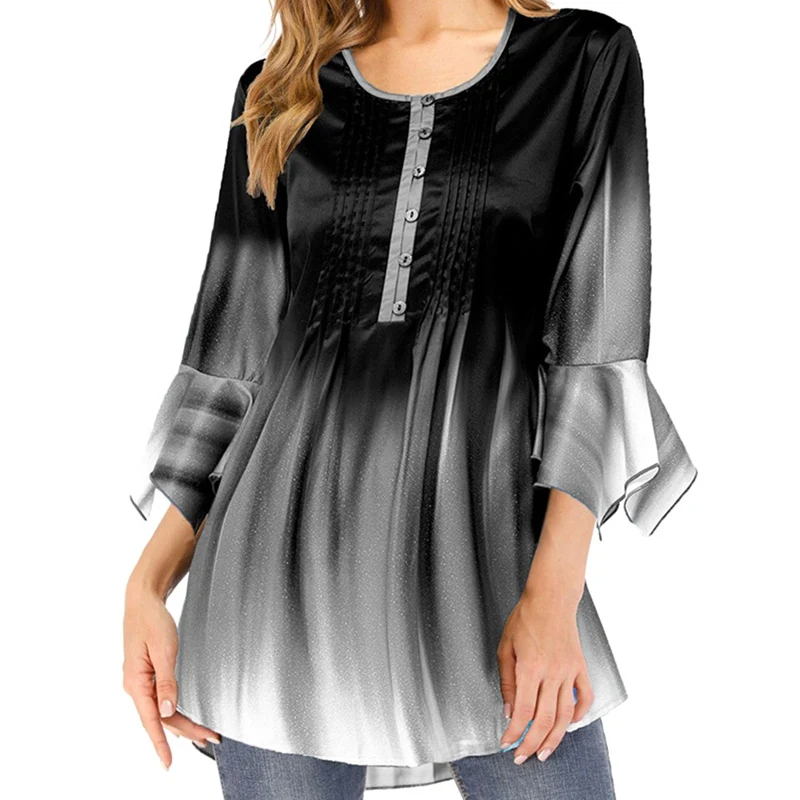 Женская футболка градиентного цвета топы с круглым вырезом пуговицами и длинным