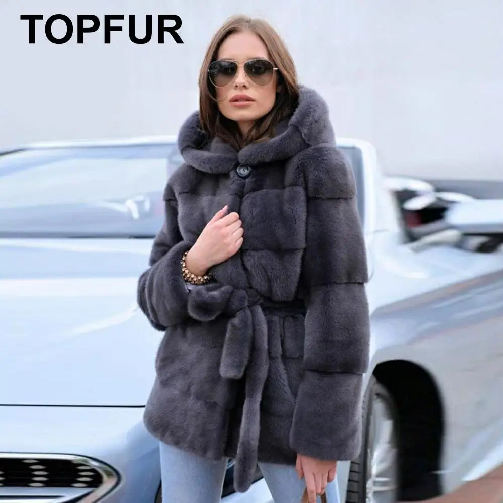 Женская кожаная куртка с поясом TOPFUR короткая из натурального меха норки длинными